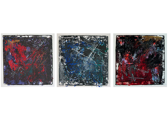 moments 1-3 • je 100 x 100 cm • Acryl, Lack, Farbstifte auf Karton